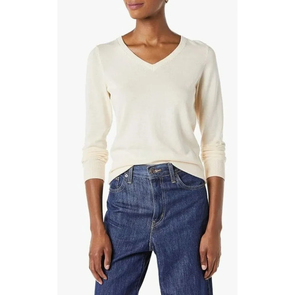 Amazon Essentials Ecru Cream V-Neck Classic Fit Sweater S - Picture 1 of 5